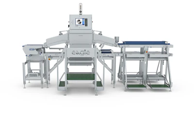 Industrial sorting machine with conveyor system, control panel, and multiple processing stations