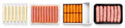 Four packaged meat products including hot dogs, sausages, and processed meats in various containers