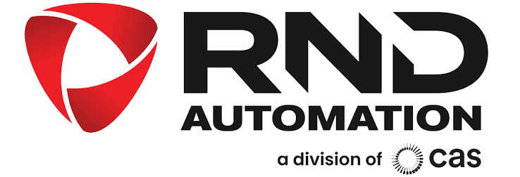 RND Automation logo featuring red shield with white curved design and black text, a division of CAS