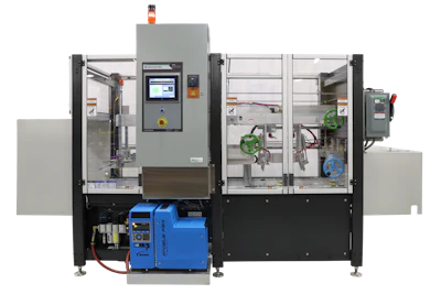 Industrial CNC machine with gray metal housing, control panel, and blue hydraulic pump system viewed from front