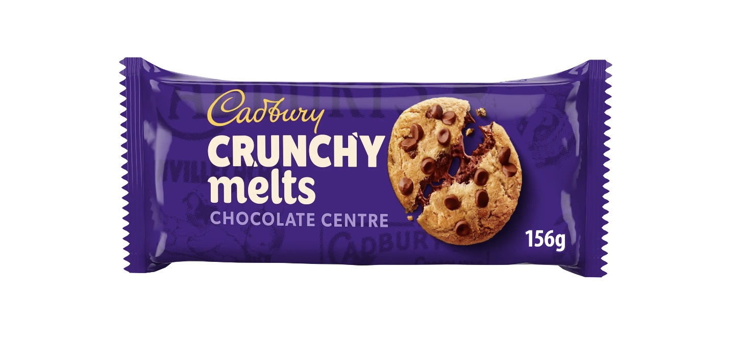 Cadbury Crunchy Melts chocolate centre bar 156g in purple packaging with cookie image