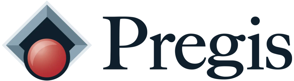 Pregis logo featuring a red sphere inside a gray diamond with navy blue center and serif wordmark