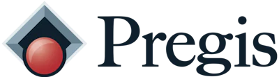 Pregis logo featuring a red sphere inside a gray diamond with navy blue center and serif wordmark