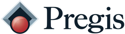 Pregis logo featuring a red sphere inside a gray diamond with navy blue center and serif wordmark