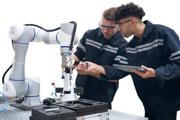Two technicians examine a white and blue collaborative robotic arm while reviewing documentation on a tablet.