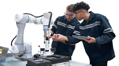 Two technicians examine a white and blue collaborative robotic arm while reviewing documentation on a tablet.