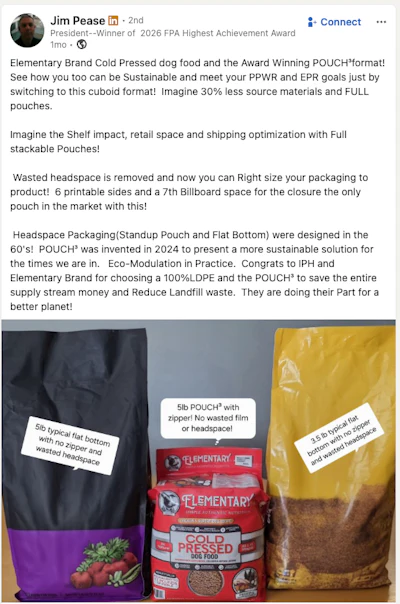 Elementary Brand cold-pressed dog food packaging comparison showing traditional flat-bottom pouch versus new POUCH format with reduced headspace