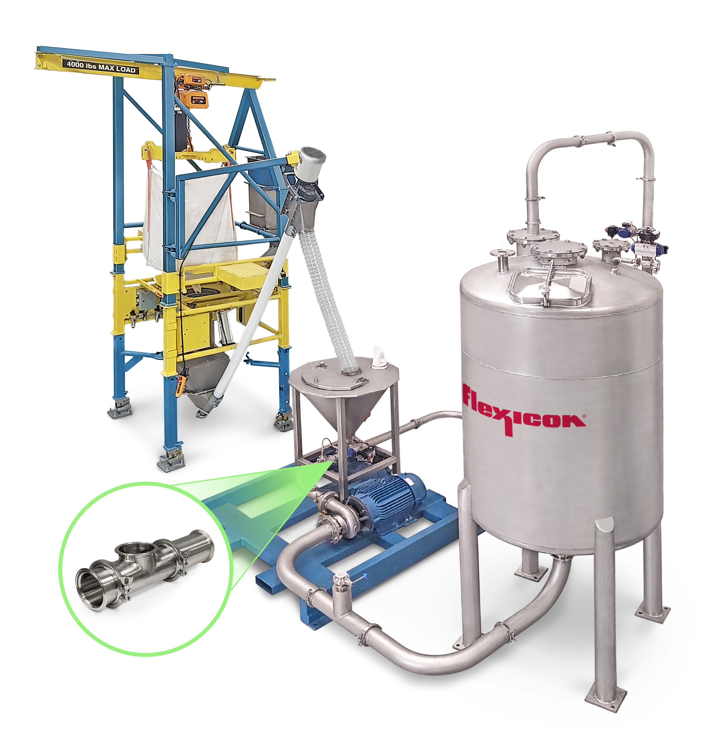Industrial powder handling system with overhead gantry crane, pneumatic conveyor, motor pump unit, and Flexon storage tank