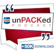 PMMI unPACKed Podcast logo with 50K downloads badge and quotation mark graphics