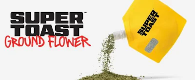 Super Toast Ground Flower product with yellow packaging pouring ground herbs onto white background