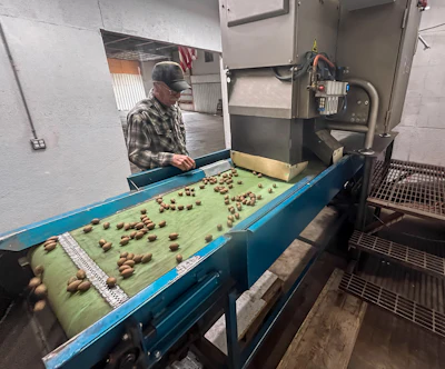 Worker monitoring nut sorting on blue industrial conveyor belt in agricultural processing facility
