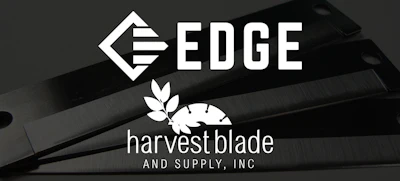 EDGE and Harvest Blade and Supply, Inc logos displayed on agricultural harvesting equipment