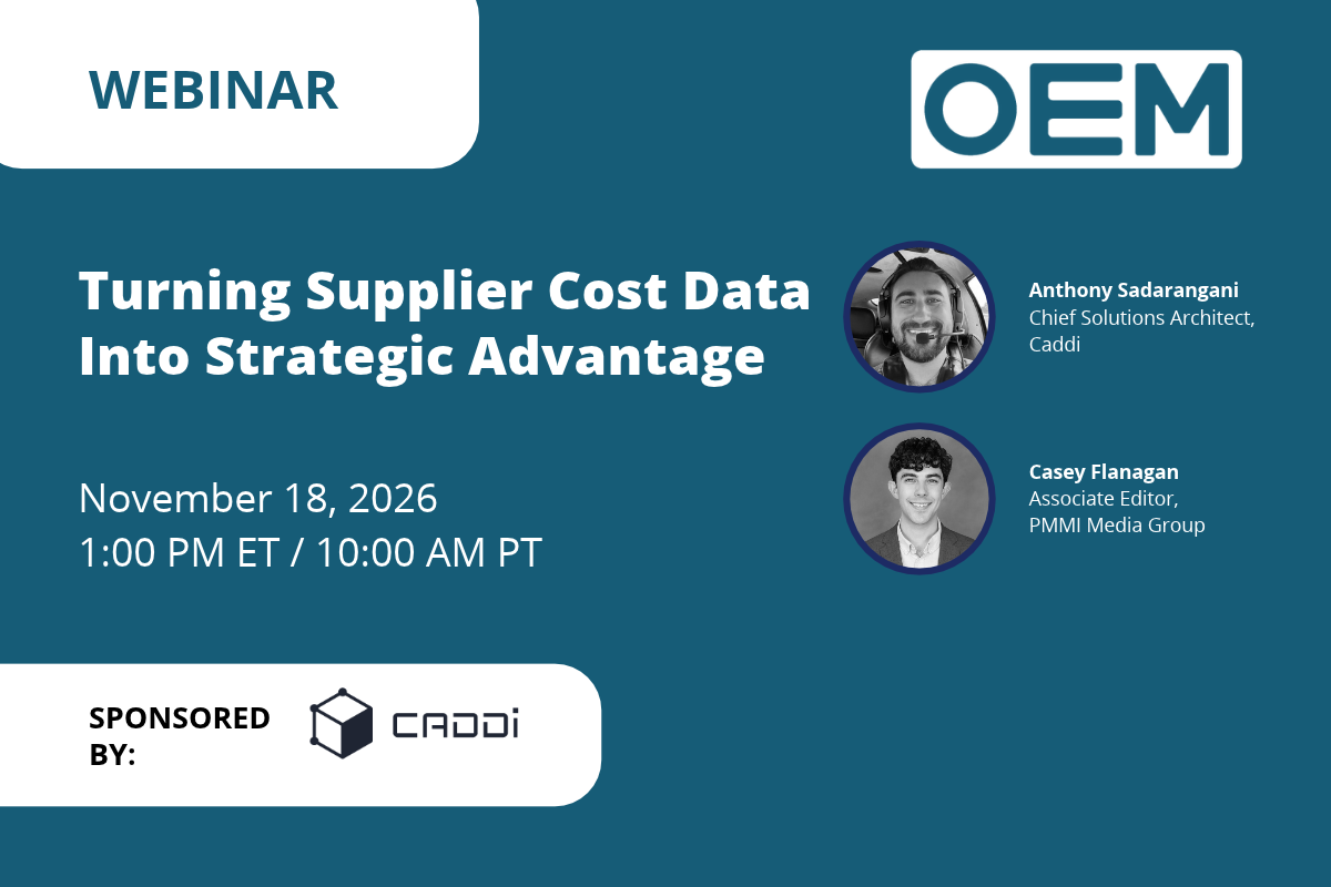 OEM webinar announcement featuring speakers Anthony Sadarangani and Casey Flanagan scheduled for November 18, 2026, sponsored by Caddi