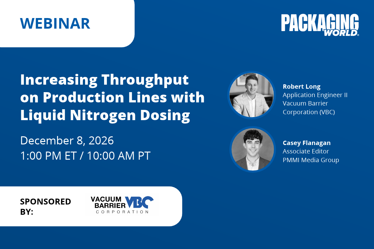 Webinar promotional banner featuring Packaging World logo, speakers Robert Long and Casey Flanagan, scheduled for December 8, 2026, sponsored by Vacuum Barrier Corporation