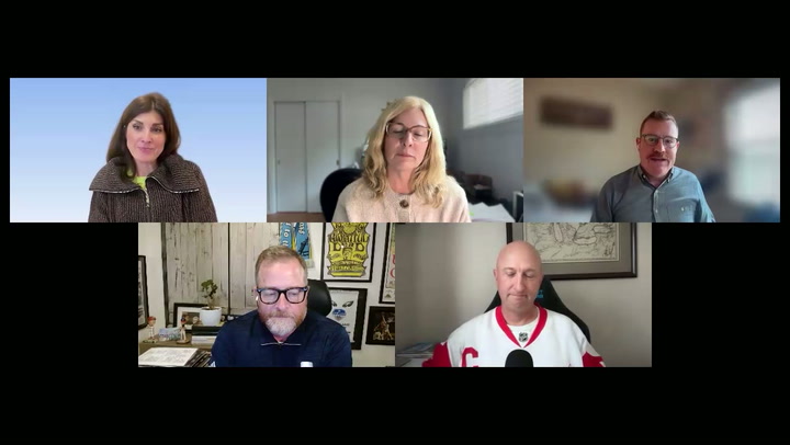 Five professionals in a video conference call displayed in a grid layout on a black background