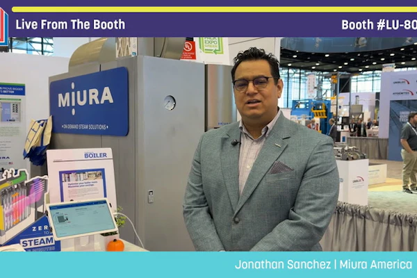 Jonathan Sanchez from Miura America speaks at Pack Expo booth LU-8035 during live broadcast