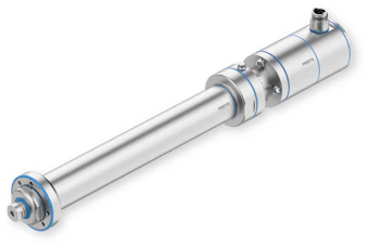Festo pneumatic cylinder linear actuator with silver barrel and blue end caps