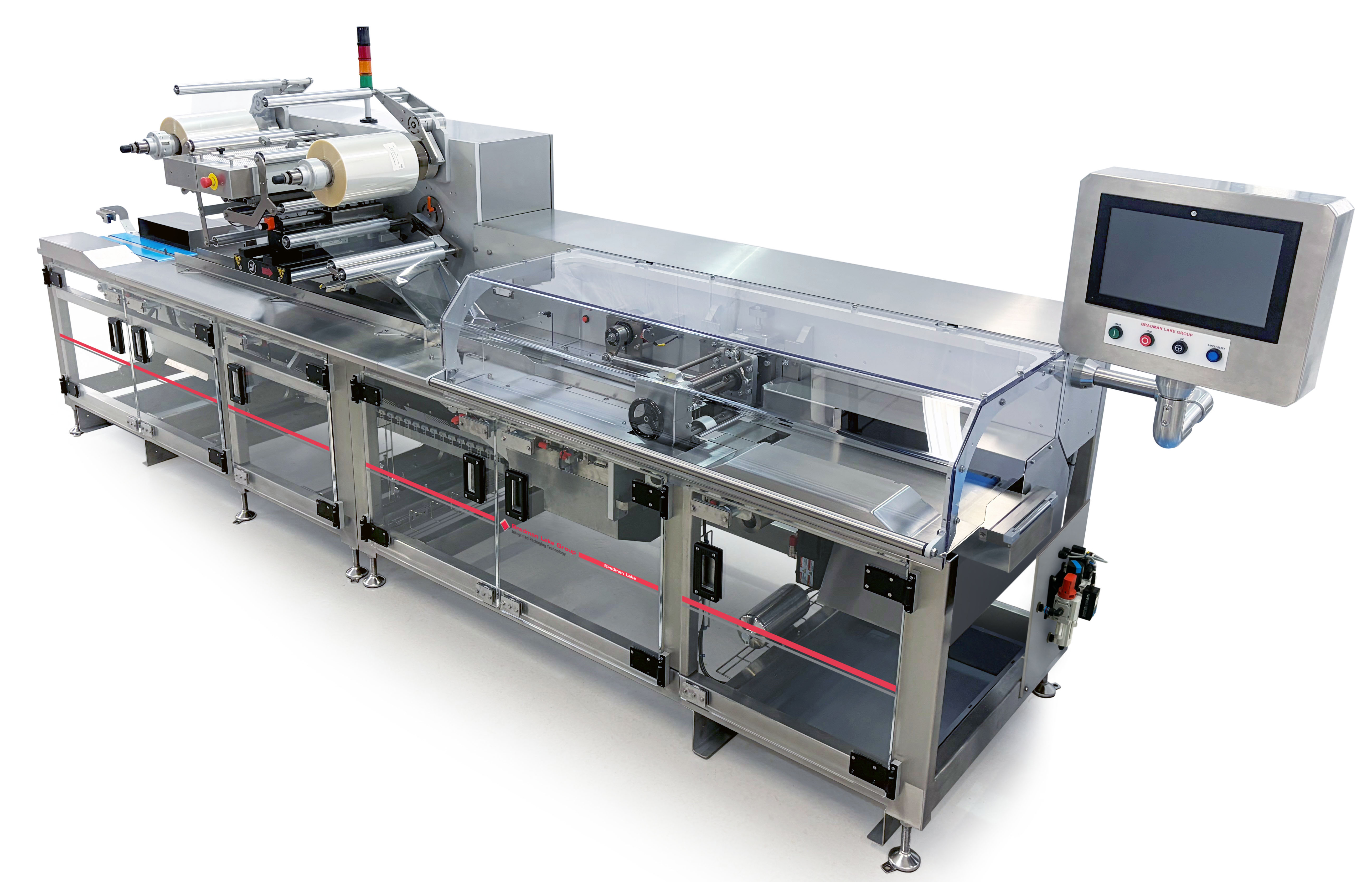 Industrial automated packaging machine with conveyor belt, control panel, and labeling equipment