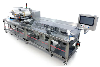 Industrial automated packaging machine with conveyor belt, control panel, and labeling equipment