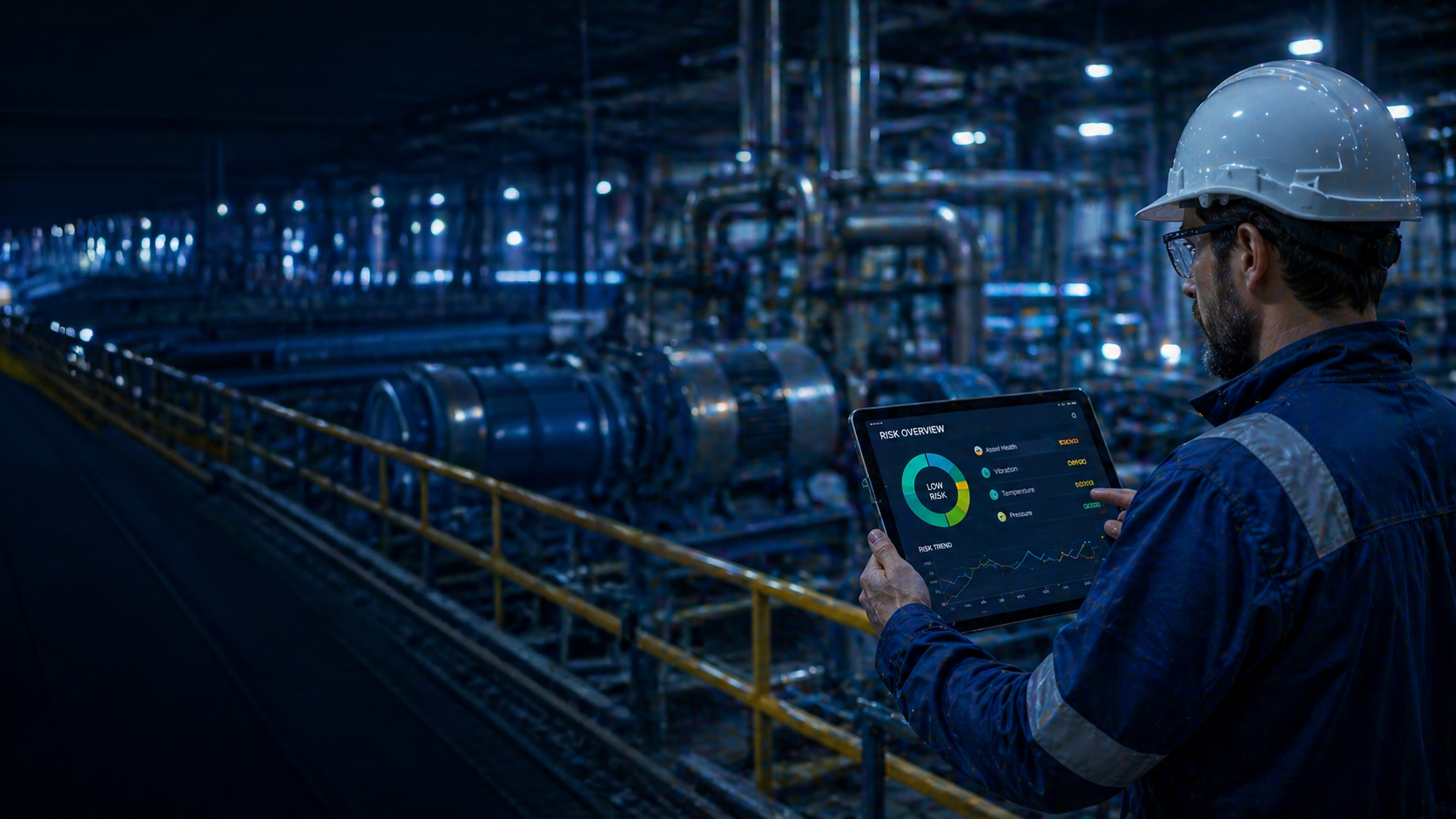 Industrial worker in hard hat monitoring factory operations on tablet with real-time dashboard in manufacturing facility