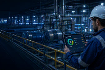 Industrial worker in hard hat monitoring factory operations on tablet with real-time dashboard in manufacturing facility