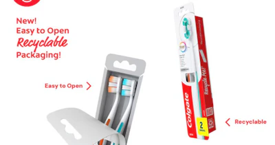 Colgate toothbrush packaging featuring easy-to-open recyclable design with two brush variants displayed