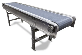 Industrial conveyor belt system with metal frame and blue textured surface on white background