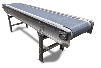 Industrial conveyor belt system with metal frame and blue textured surface on white background