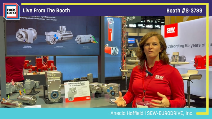SEW-EURODRIVE representative presenting industrial drive systems at PACK EXPO booth #S-3793