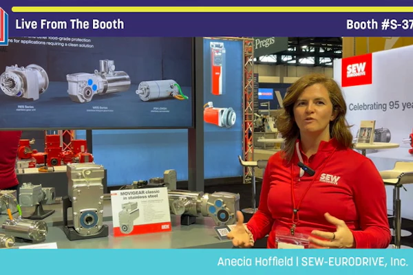 SEW-EURODRIVE representative presenting industrial drive systems at PACK EXPO booth #S-3793