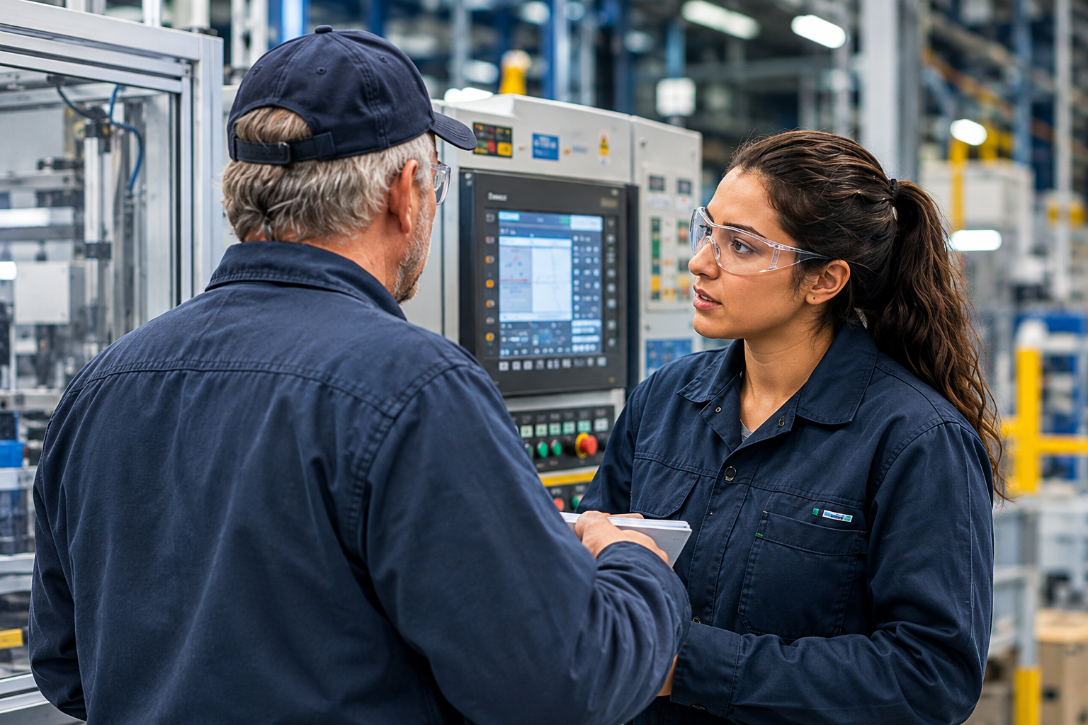 Two industrial workers in safety glasses discussing production at a CNC machine in a modern manufacturing facility