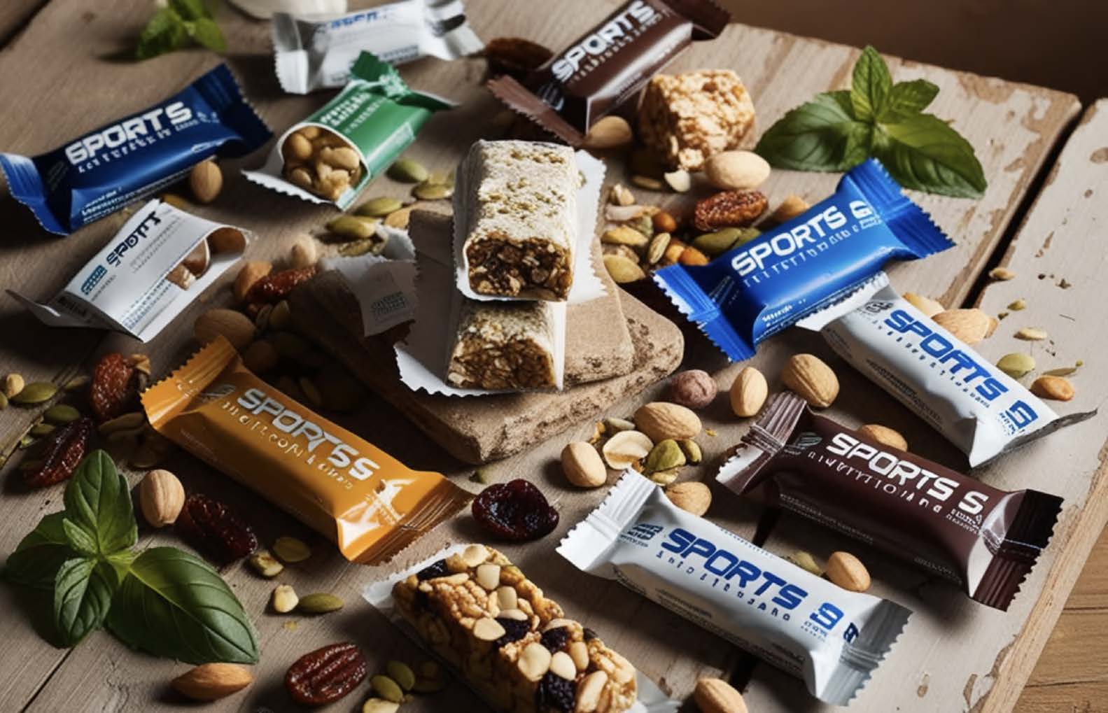Sports nutrition bars and snacks with nuts, seeds, and fresh mint leaves arranged on wooden surface