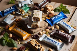 Sports nutrition bars and snacks with nuts, seeds, and fresh mint leaves arranged on wooden surface