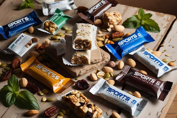Sports nutrition bars and snacks with nuts, seeds, and fresh mint leaves arranged on wooden surface