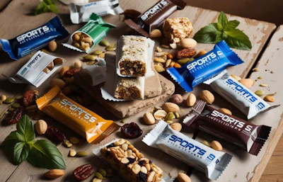 Sports nutrition bars and snacks with nuts, seeds, and fresh mint leaves arranged on wooden surface