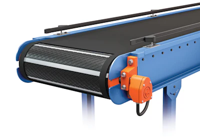 Industrial conveyor belt system with blue frame, black rubber belt, and orange motorized roller drive