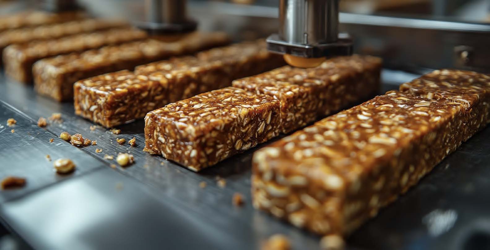 Rows of granola bars with nuts and seeds on a production line conveyor
