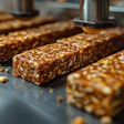 Rows of granola bars with nuts and seeds on a production line conveyor