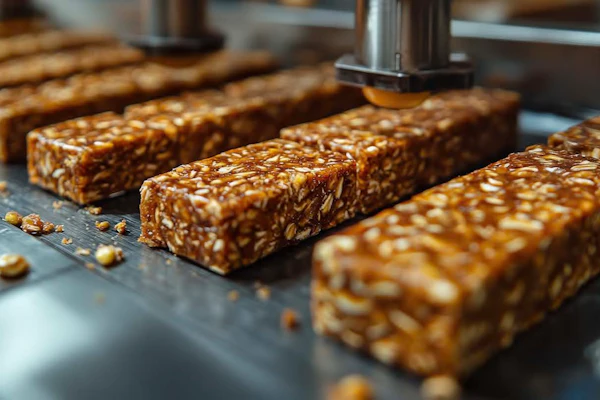 Rows of granola bars with nuts and seeds on a production line conveyor
