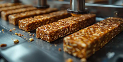 Rows of granola bars with nuts and seeds on a production line conveyor