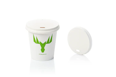 White disposable coffee cup with green antler logo and matching white lid displayed on white background