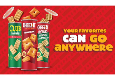 Snack crackers advertisement featuring Club minis and Cheez-It varieties on red background with tagline 'Your Favorites Can Go Anywhere'