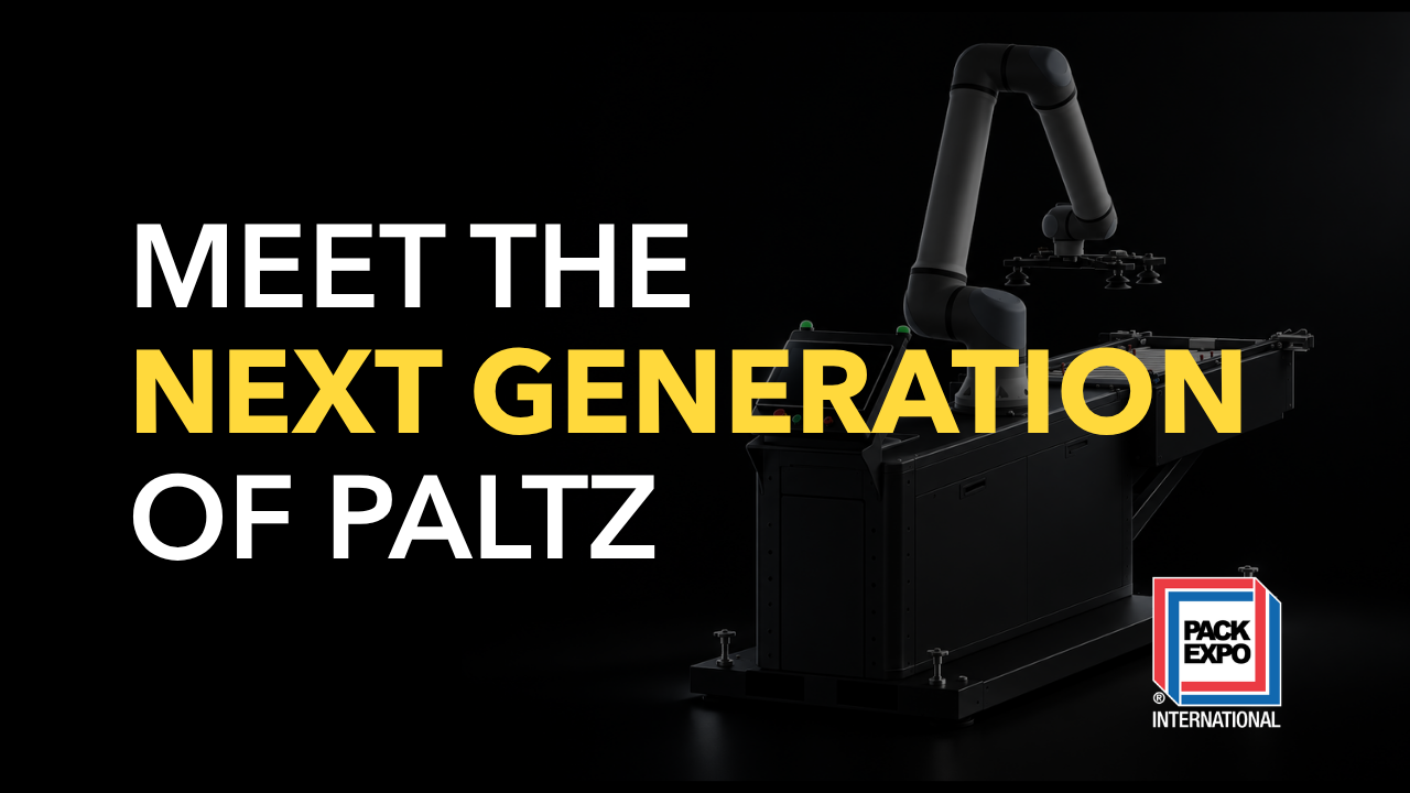 Next generation Paltz robotic arm packaging equipment displayed with Pack Expo International branding