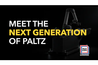 Next generation Paltz robotic arm packaging equipment displayed with Pack Expo International branding