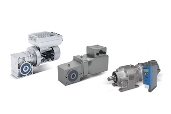 Three industrial gear motors and drive systems with varying sizes and control interfaces displayed in product lineup
