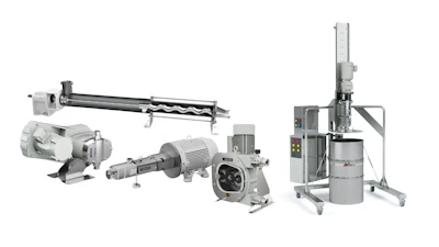 Industrial processing equipment lineup including extruders, pumps, motors, and material handling systems for manufacturing applications
