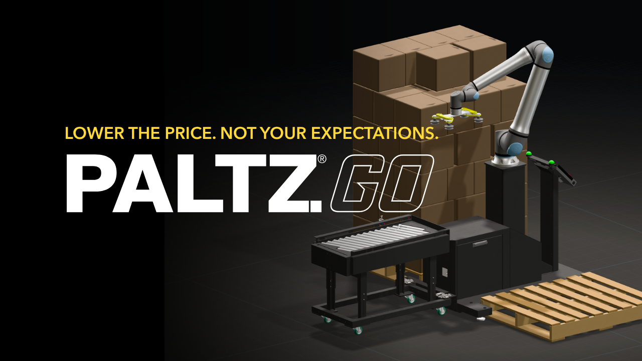 Paltz GO industrial equipment with tagline 'Lower the price. Not your expectations.' displayed with cardboard boxes and warehouse setting.