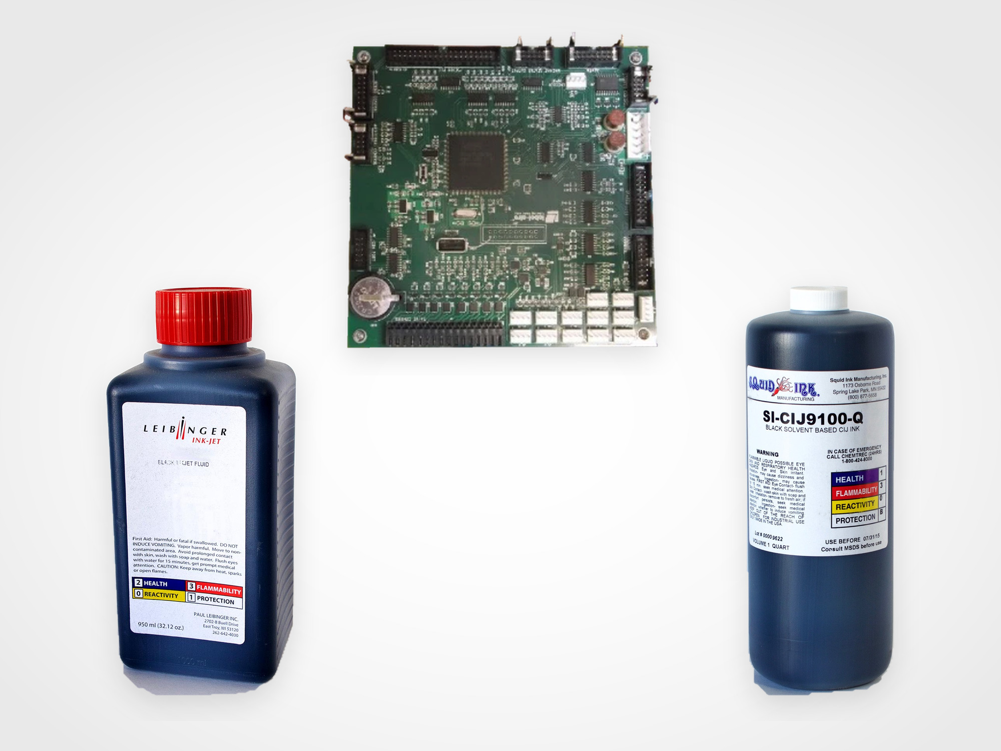 Circuit board and two dark blue ink bottles with red and white labels on white background