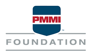 PMMI Foundation logo featuring a teal shield with red text and gray horizontal lines