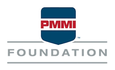 PMMI Foundation logo featuring a teal shield with red text and gray horizontal lines